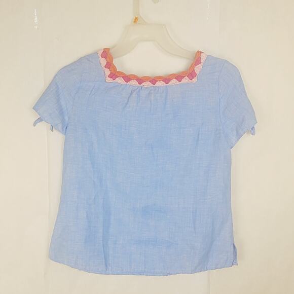Talbots blue chambray crocheted trim linen top Size Small petite Boho Coastal - Picture 3 of 8